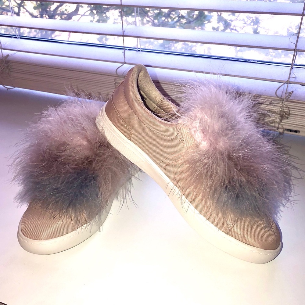 Call it Spring slip on sneakers w/ ombré feathers